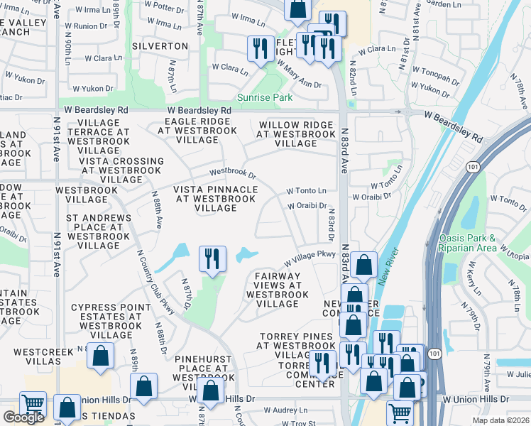 map of restaurants, bars, coffee shops, grocery stores, and more near 8503 West Oraibi Drive in Peoria