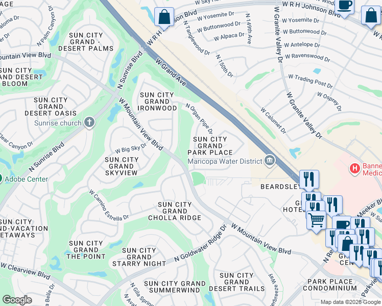 map of restaurants, bars, coffee shops, grocery stores, and more near 19870 North Summer Dream Drive in Surprise
