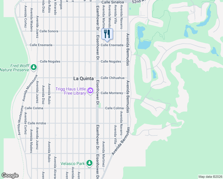 map of restaurants, bars, coffee shops, grocery stores, and more near 53200 Avenue Mendoza in La Quinta