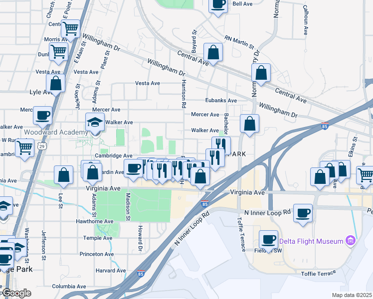 map of restaurants, bars, coffee shops, grocery stores, and more near 3416 Harrison Road in East Point