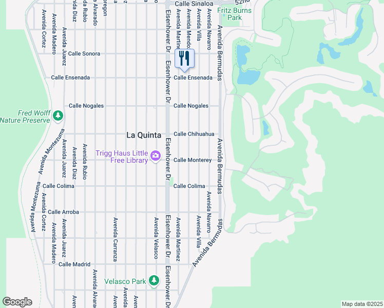 map of restaurants, bars, coffee shops, grocery stores, and more near 53265 Avenue Villa in La Quinta