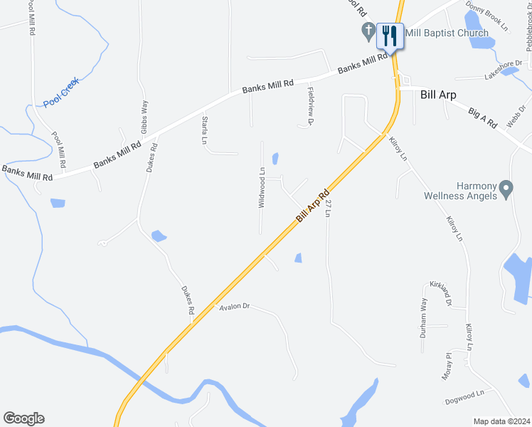 map of restaurants, bars, coffee shops, grocery stores, and more near 5274 Wildwood Lane in Douglasville