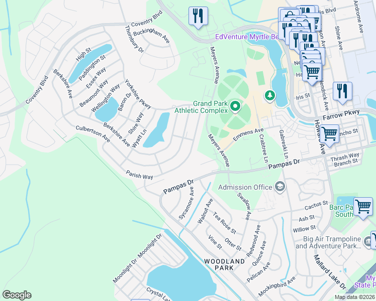map of restaurants, bars, coffee shops, grocery stores, and more near 1773 Parish Way in Myrtle Beach