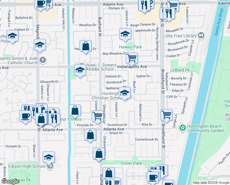 map of restaurants, bars, coffee shops, grocery stores, and more near 9601 Erskine Drive in Huntington Beach