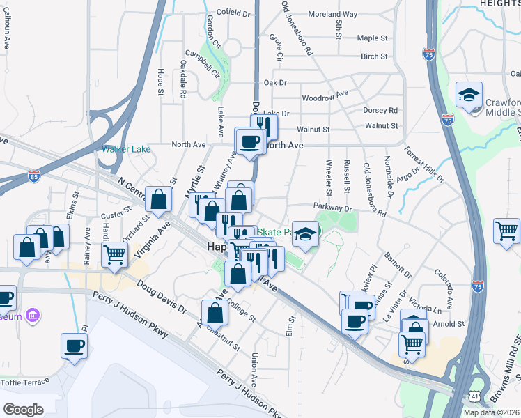 map of restaurants, bars, coffee shops, grocery stores, and more near 585 Marina Street in Atlanta