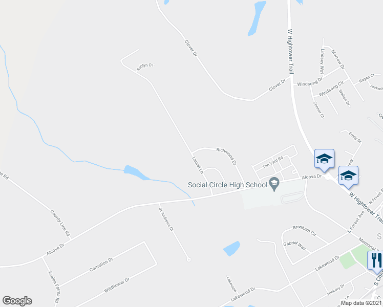 map of restaurants, bars, coffee shops, grocery stores, and more near 134 Laurel Lane in Social Circle