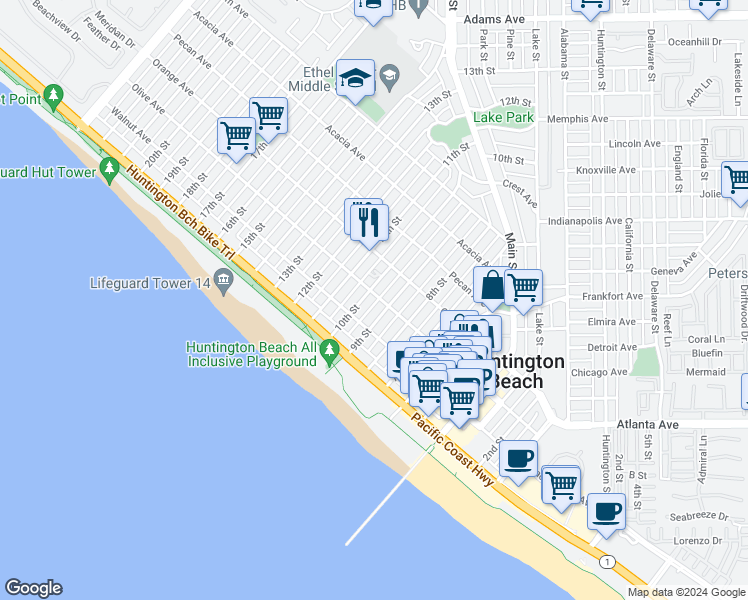 map of restaurants, bars, coffee shops, grocery stores, and more near 919 Olive Avenue in Huntington Beach