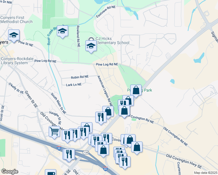 map of restaurants, bars, coffee shops, grocery stores, and more near 677 American Legion Road Northeast in Conyers