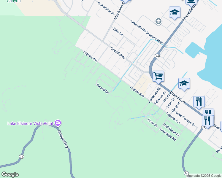 map of restaurants, bars, coffee shops, grocery stores, and more near 15195 Kingsway Drive in Lake Elsinore