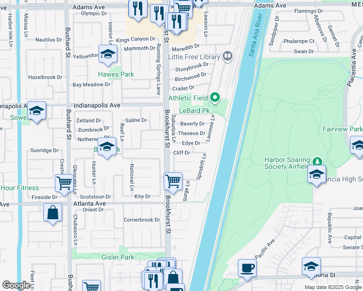 map of restaurants, bars, coffee shops, grocery stores, and more near 10072 Edye Drive in Huntington Beach
