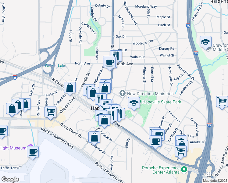 map of restaurants, bars, coffee shops, grocery stores, and more near 576 Marina Street in Atlanta