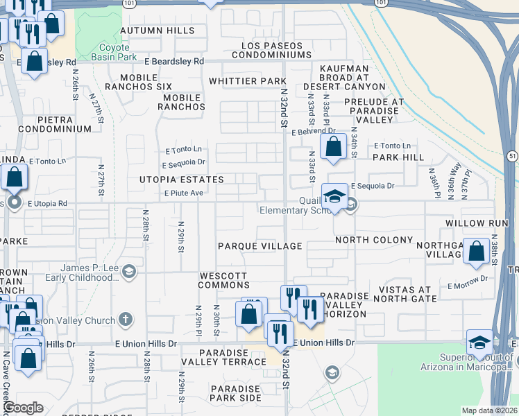 map of restaurants, bars, coffee shops, grocery stores, and more near 3101 East Kristal Way in Phoenix