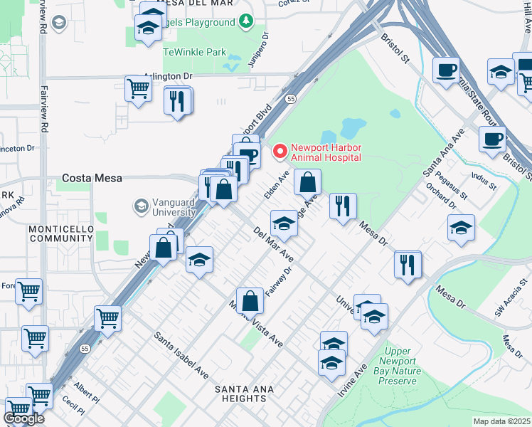 map of restaurants, bars, coffee shops, grocery stores, and more near 2620 Elden Avenue in Costa Mesa