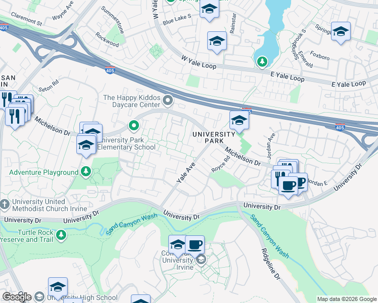 map of restaurants, bars, coffee shops, grocery stores, and more near 60 Willow Tree Lane in Irvine