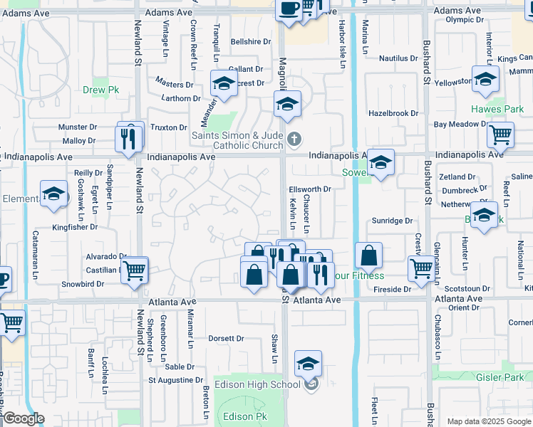 map of restaurants, bars, coffee shops, grocery stores, and more near 8933 Amador Circle in Huntington Beach