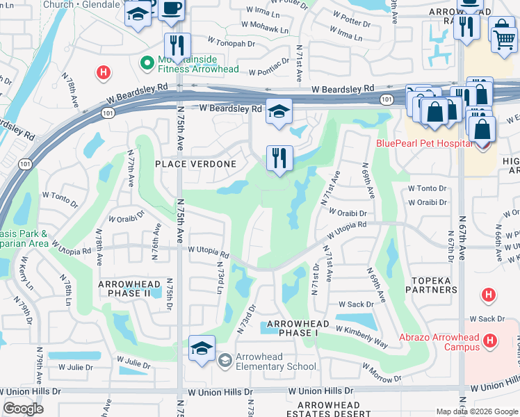 map of restaurants, bars, coffee shops, grocery stores, and more near 19629 North 73rd Avenue in Glendale