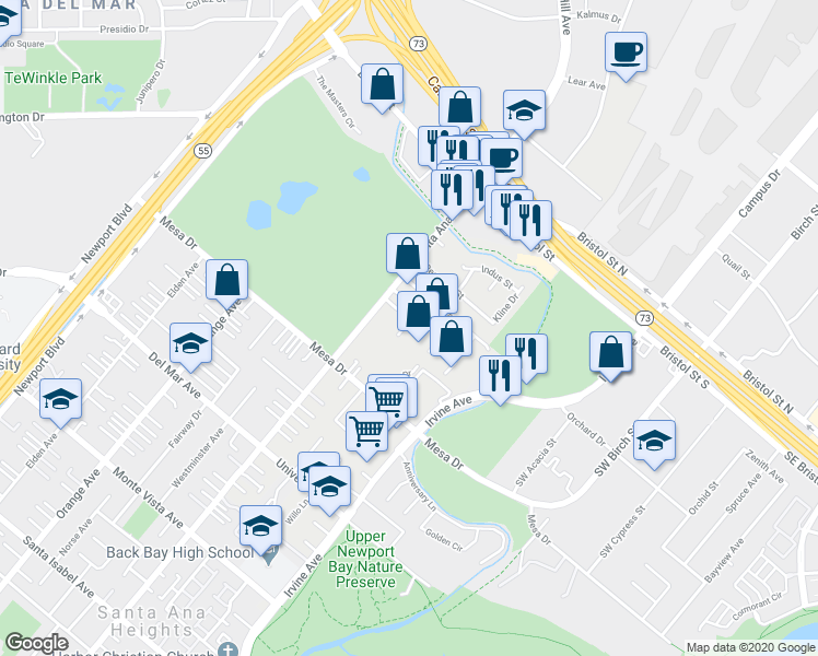 map of restaurants, bars, coffee shops, grocery stores, and more near 20292 Estuary Lane in Newport Beach