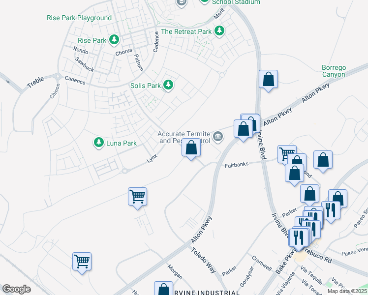 map of restaurants, bars, coffee shops, grocery stores, and more near El Toro Blvd in Irvine