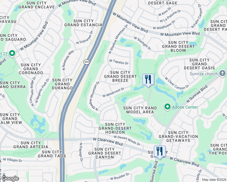 map of restaurants, bars, coffee shops, grocery stores, and more near 16277 West Windcrest Drive in Surprise
