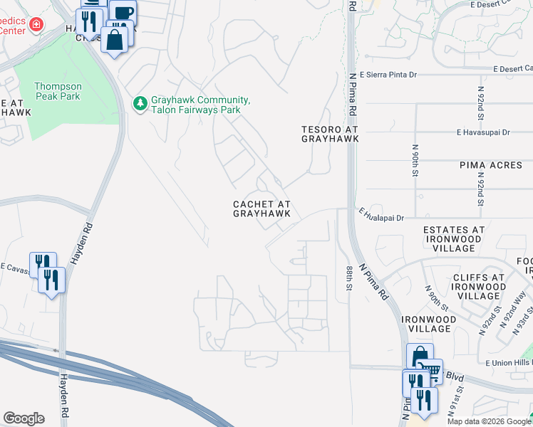 map of restaurants, bars, coffee shops, grocery stores, and more near Cachet at Grayhawk Condominium in Scottsdale