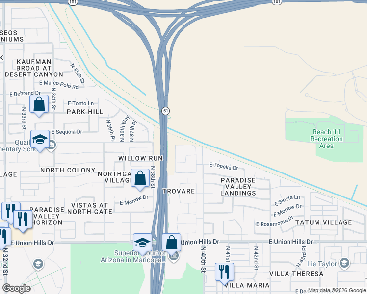 map of restaurants, bars, coffee shops, grocery stores, and more near 19215 North 39th Place in Phoenix