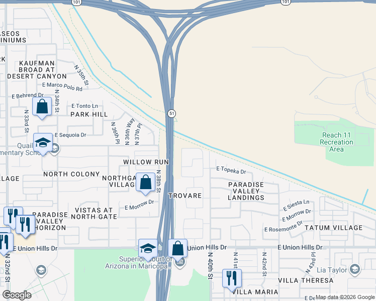 map of restaurants, bars, coffee shops, grocery stores, and more near 19215 North 39th Place in Phoenix