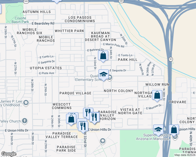 map of restaurants, bars, coffee shops, grocery stores, and more near 3303 East Utopia Road in Phoenix