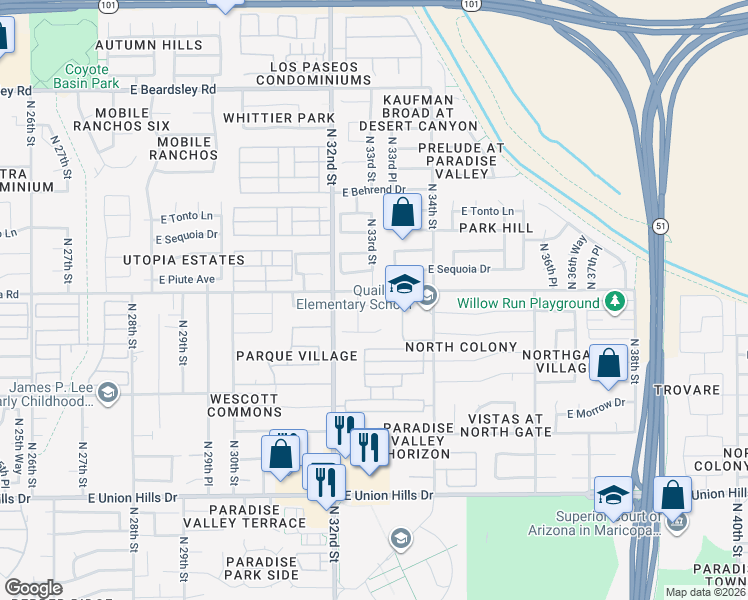 map of restaurants, bars, coffee shops, grocery stores, and more near 3229 East Kristal Way in Phoenix