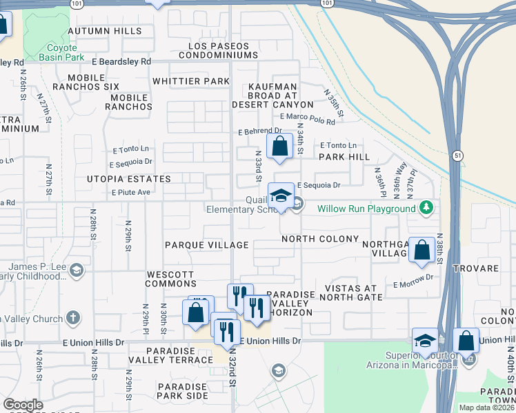 map of restaurants, bars, coffee shops, grocery stores, and more near 3229 East Kristal Way in Phoenix