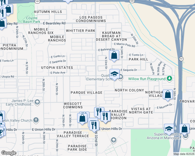 map of restaurants, bars, coffee shops, grocery stores, and more near 3145 East Kristal Way in Phoenix