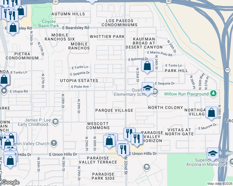 map of restaurants, bars, coffee shops, grocery stores, and more near 3101 East Kristal Way in Phoenix