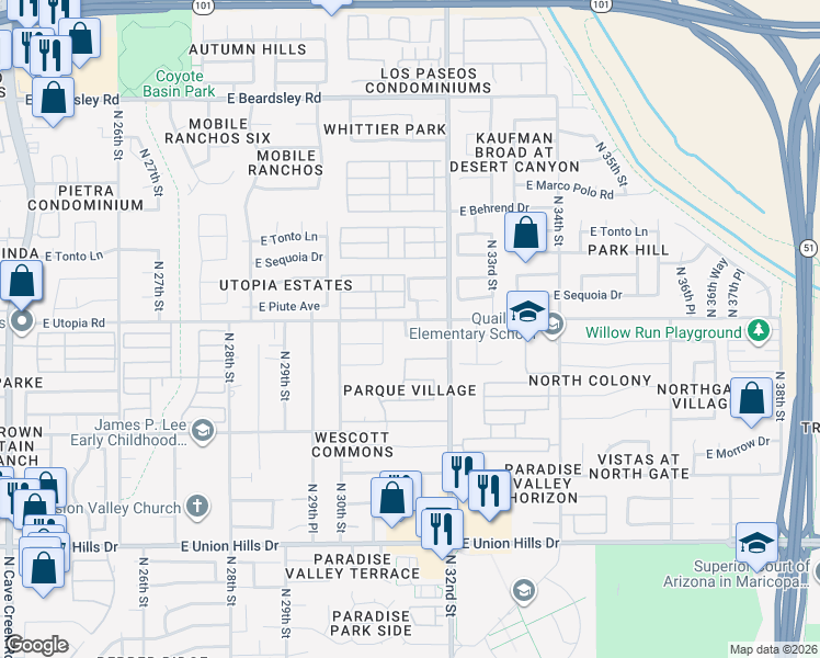 map of restaurants, bars, coffee shops, grocery stores, and more near 3101 East Kristal Way in Phoenix