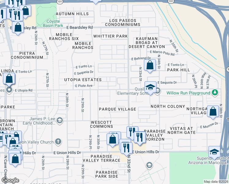 map of restaurants, bars, coffee shops, grocery stores, and more near 3101 East Kristal Way in Phoenix