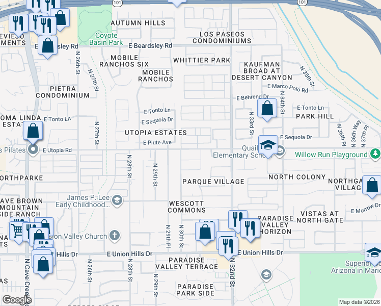 map of restaurants, bars, coffee shops, grocery stores, and more near 3021 East Kerry Lane in Phoenix