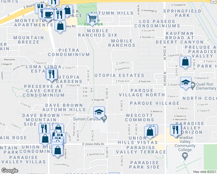 map of restaurants, bars, coffee shops, grocery stores, and more near 19305 North 28th Street in Phoenix