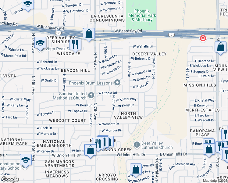 map of restaurants, bars, coffee shops, grocery stores, and more near 19237 North 5th Avenue in Phoenix