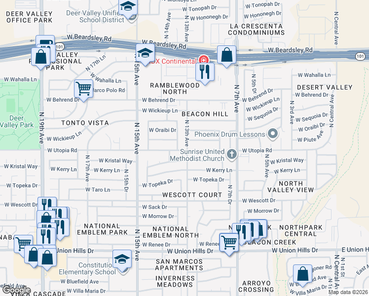 map of restaurants, bars, coffee shops, grocery stores, and more near 1302 West Kristal Way in Phoenix