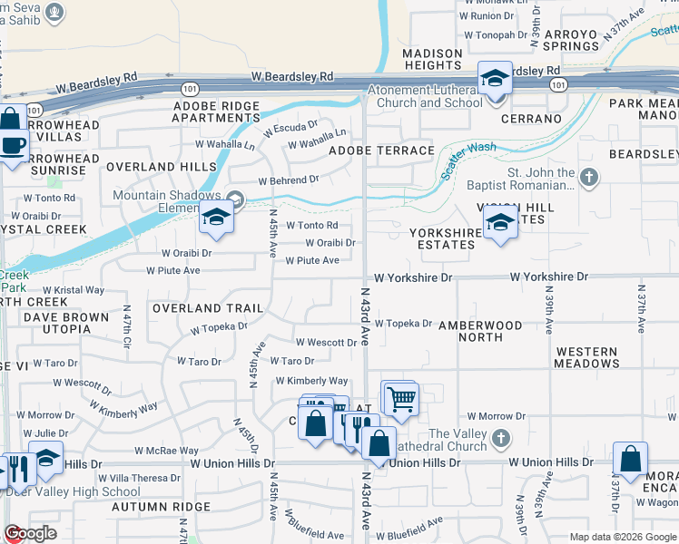 map of restaurants, bars, coffee shops, grocery stores, and more near 19237 North 44th Avenue in Glendale