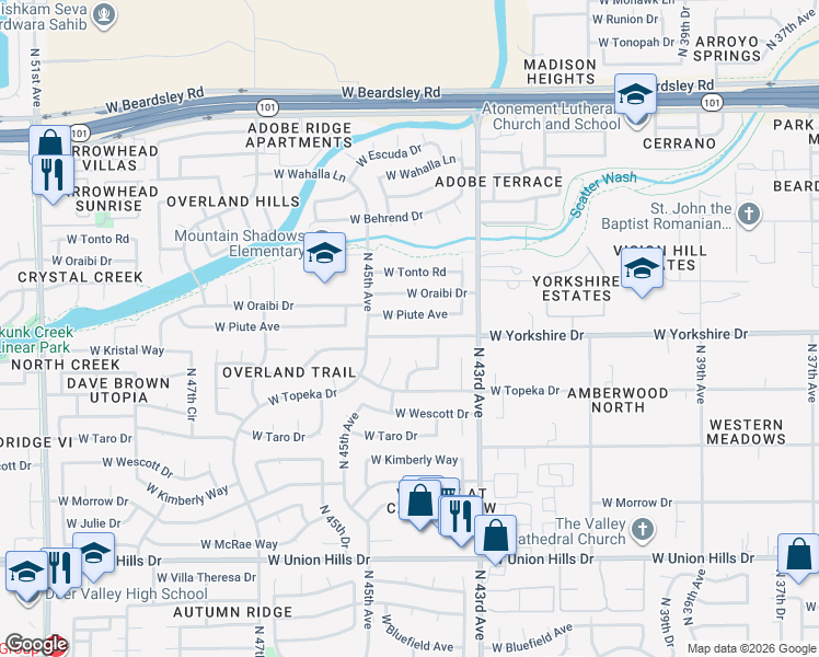 map of restaurants, bars, coffee shops, grocery stores, and more near 4431 West Yorkshire Drive in Glendale