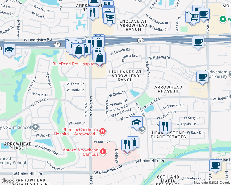 map of restaurants, bars, coffee shops, grocery stores, and more near 6585 West Oraibi Drive in Glendale