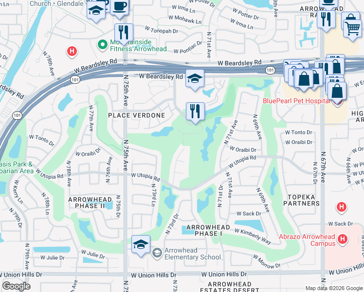 map of restaurants, bars, coffee shops, grocery stores, and more near 19629 North 73rd Avenue in Glendale