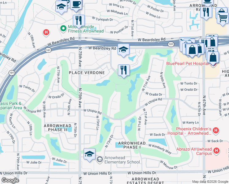 map of restaurants, bars, coffee shops, grocery stores, and more near 19629 North 73rd Avenue in Glendale