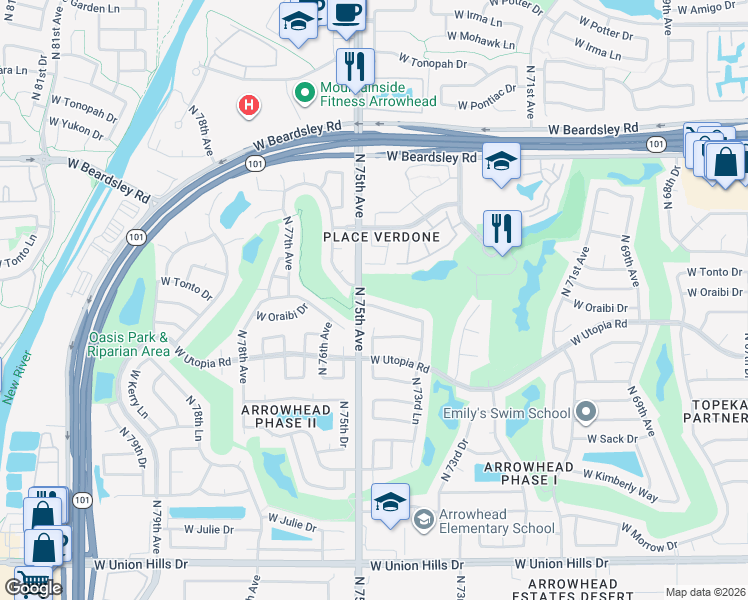 map of restaurants, bars, coffee shops, grocery stores, and more near 7425 West Oraibi Drive in Glendale