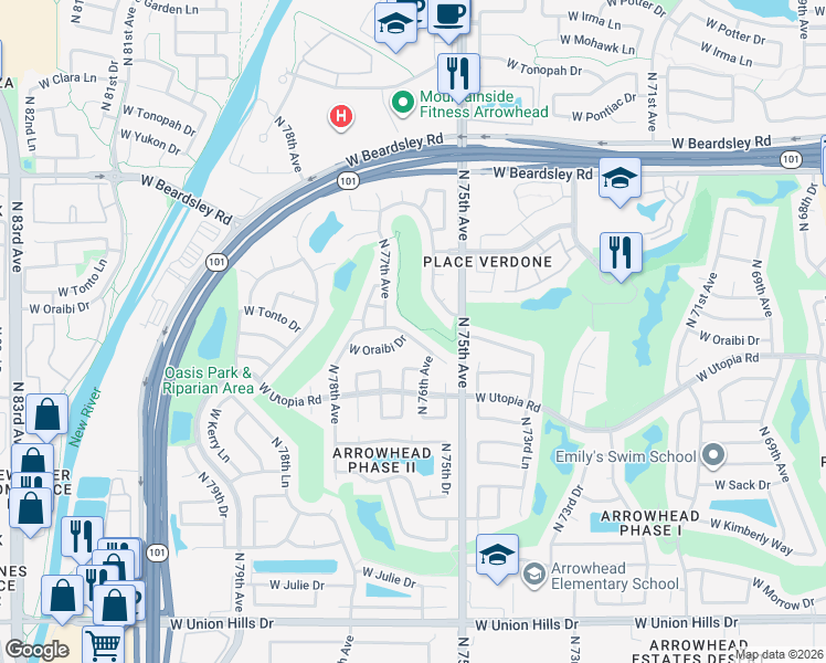 map of restaurants, bars, coffee shops, grocery stores, and more near 7603 West Oraibi Drive in Glendale