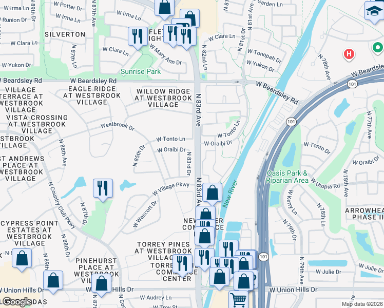 map of restaurants, bars, coffee shops, grocery stores, and more near 7 North 83rd Avenue in Peoria