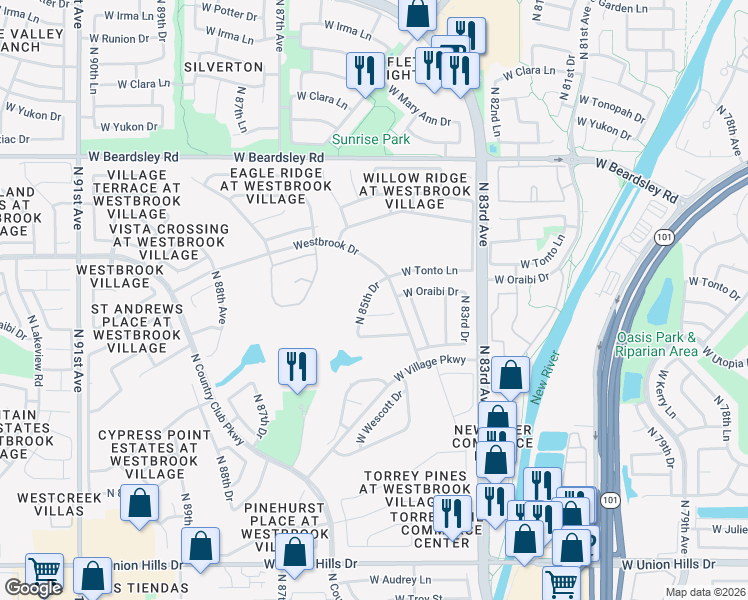 map of restaurants, bars, coffee shops, grocery stores, and more near 8503 West Oraibi Drive in Peoria