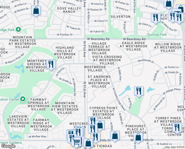 map of restaurants, bars, coffee shops, grocery stores, and more near 9028 West Sequoia Drive in Peoria