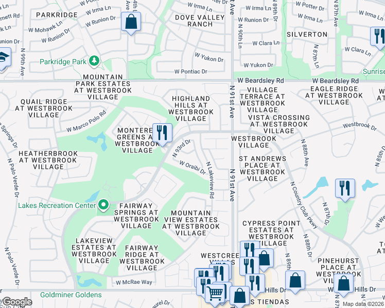 map of restaurants, bars, coffee shops, grocery stores, and more near 9228 West Oraibi Drive in Peoria