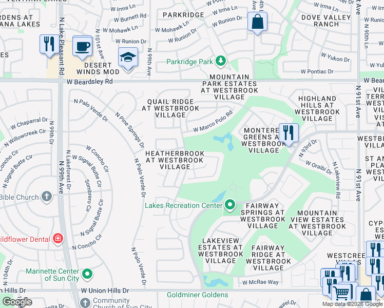 map of restaurants, bars, coffee shops, grocery stores, and more near 19606 North 97th Lane in Peoria