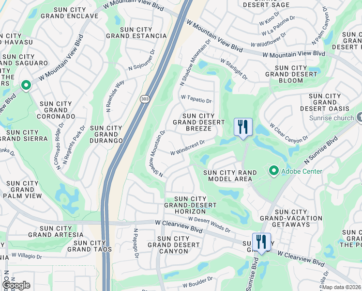 map of restaurants, bars, coffee shops, grocery stores, and more near 16321 West Windcrest Drive in Surprise